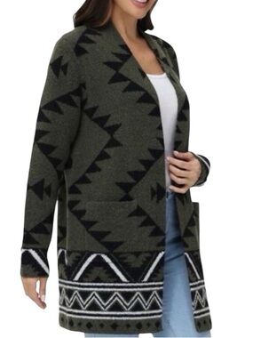FRYE Green Aztec Print Cardigan Sweater Open Front Tribal Jacquard
Long Jacket